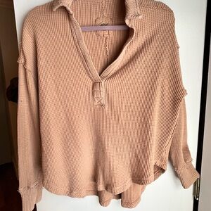 Aerie Waffle Knit Lightweight Pullover Sweater in Camel